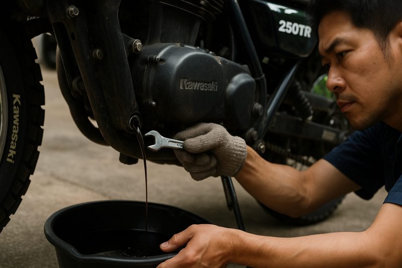 カワサキ250TRのドレンボルトを緩め、オイルを排出する日本人整備士の真剣な作業姿を16:9構図でリアルに捉えた写真。