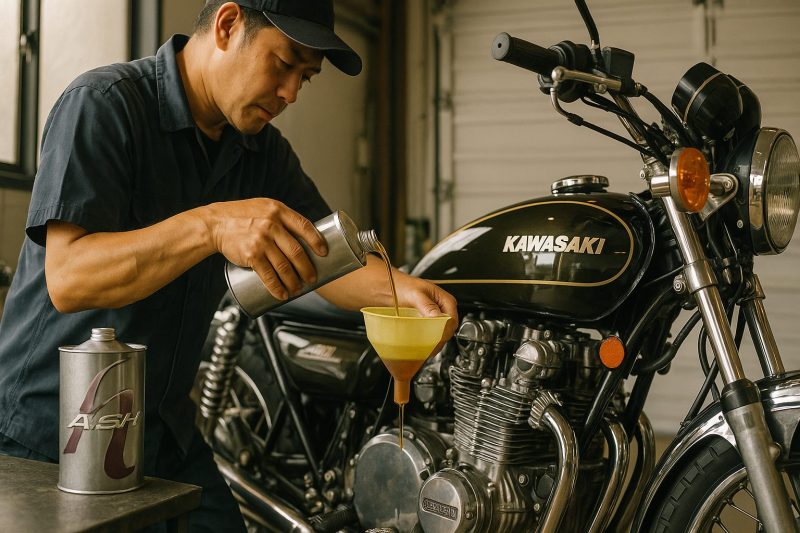整備士がカワサキZ1のエンジンにアッシュオイルを注いでいる様子を16:9構図でリアルに撮影した画像。ガレージ内の自然光が金属パーツの光沢を際立たせ、落ち着いた整備シーンを表現。