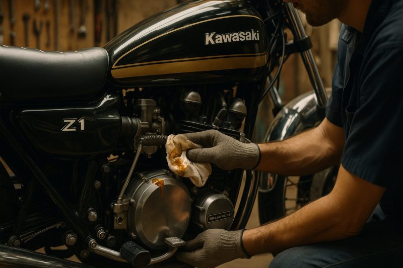 カワサキZ1のエンジンキャップ付近で、整備士が布で余分なオイルを拭き取っている様子を16:9構図でリアルに撮影した画像。整備工場の温かい照明が金属の質感を際立たせている。