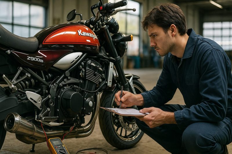 整備工場でKawasaki Z900RSを点検する整備士を撮影した1920×1080のフォトリアル画像。メカニックがチェックリストを手にフレームを確認しており、明るい工場内での車検点検風景をリアルに再現している。