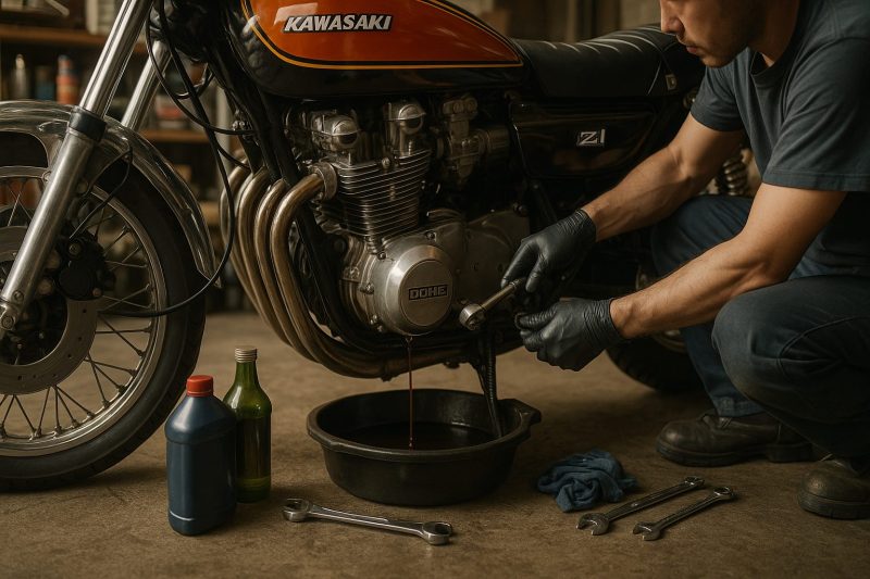 整備士がカワサキZ1の下でオイル交換を行っている様子を16:9構図でリアルに撮影した画像。ドレンボルトからオイルが流れる瞬間を捉え、工具やオイル缶が整然と配置された整備シーン。