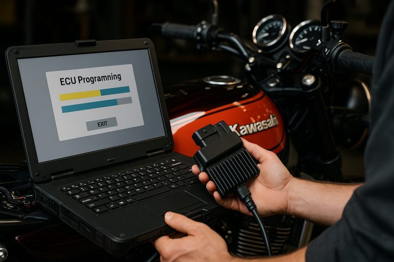 「整備工場でKawasaki Z900RSのECU書き換え作業を行う日本人メカニックを撮影した1920×1080のフォトリアル画像。ノートPCと診断ケーブルが接続され、ディスプレイには制御データが映し出されている。」
