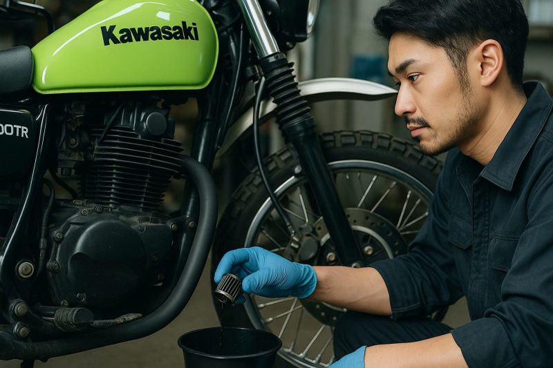 カワサキ250TRのオイルフィルターを外し、古いオイルを排出する日本人整備士の様子を16:9構図でリアルに撮影。丁寧な整備シーンを描写。