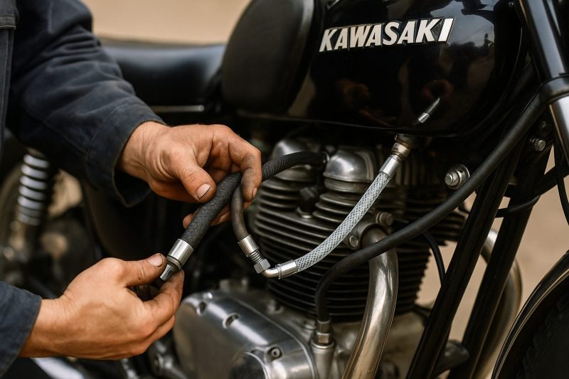 カワサキW1SAのエンジン横で整備士が古いオイルホースを取り外し、新しい耐油ホースを取り付けている様子を捉えたフォトリアルな16:9構図の写真。金属パーツの輝きと作業中の手元がリアルに表現されている。