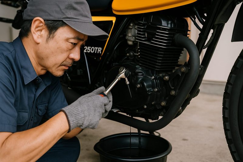 カワサキ250TRのオイルドレンボルトを外し、オイルを排出する日本人整備士の姿を16:9構図でリアルに描写。整備作業の正確さと集中を表現。