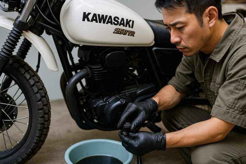 カワサキ250TRのオイルキャップを外して点検する日本人整備士を捉えた16:9構図の写真。丁寧なメンテナンス作業の瞬間をリアルに表現。