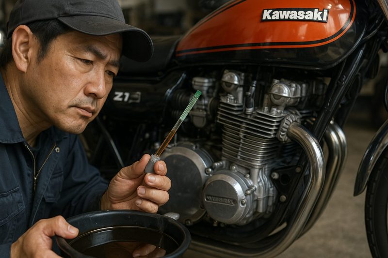 日本人整備士がカワサキZ1のエンジンオイル交換作業を行い、オイルの状態をチェックしている様子をリアルに表現した横長16:9構図の写真風画像。
