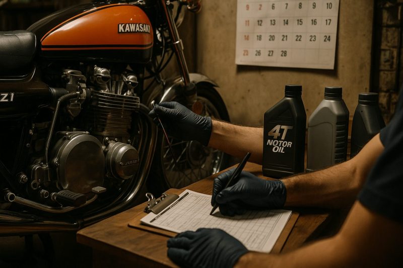 カワサキZ1の整備風景で、整備士がオイル交換作業とメンテナンス記録を同時に行っている様子を16:9構図でリアルに撮影した画像。整備工場の自然光が落ち着いた雰囲気を演出している。