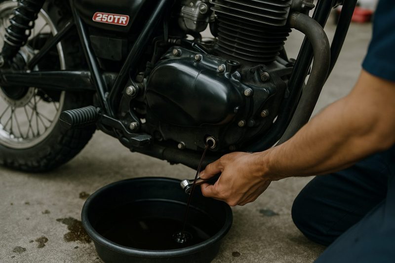 カワサキ250TRのドレンボルトを外し、エンジン下部からオイルを排出する日本人整備士の手元を16:9構図でリアルに捉えた写真。