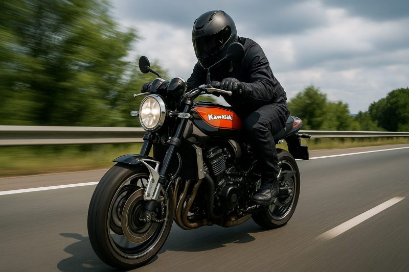 黒いライディングスーツとフルフェイスヘルメットを着用したライダーがKawasaki Z900RSで走行する1920×1080のフォトリアル画像。安全装備を整えた上で高速道路を走行する姿がリアルに描かれている。