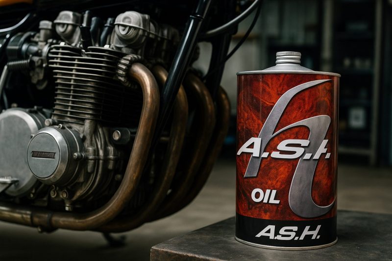 カワサキZ1のエンジンと赤茶色のASHエンジンオイル缶を16:9構図でリアルに撮影した画像。金属質の光沢と高級感を強調した構図。