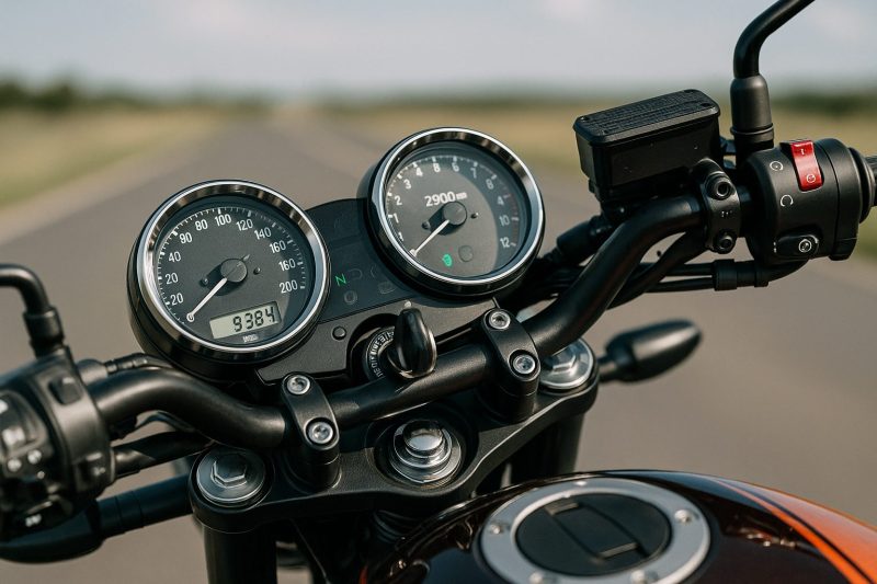 「Kawasaki Z900RSのメーター周りをクローズアップで撮影した1920×1080のフォトリアル画像。スピードメーターとタコメーターが鮮明に映り、カスタム作業やチューニングを象徴するリアルな質感が再現されている。」