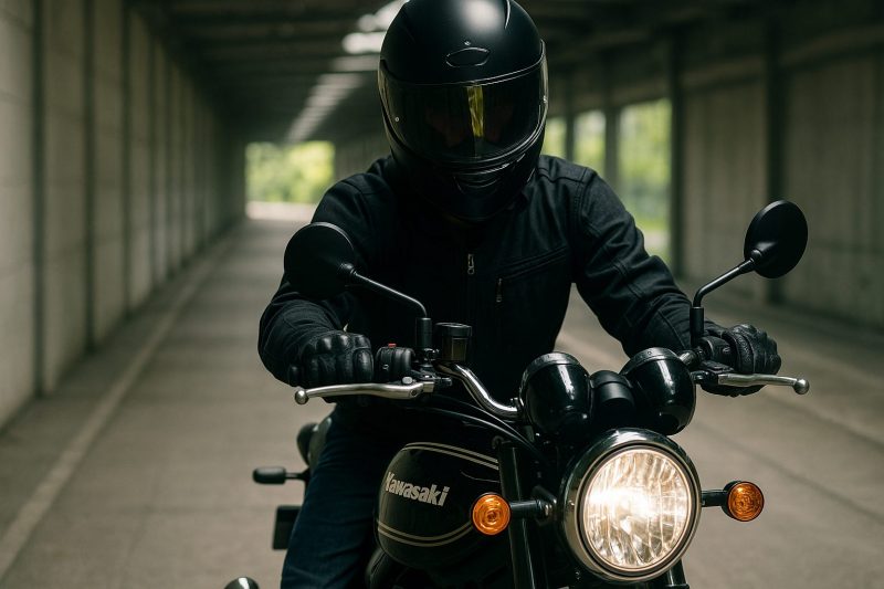 黒いライディングスーツを着たライダーがKawasaki Z900RSを運転する姿を描いた1920×1080のフォトリアル画像。半屋外のテストコースでスピードを上げながら直進する姿が力強く、リミッター解除後の加速感を象徴している。