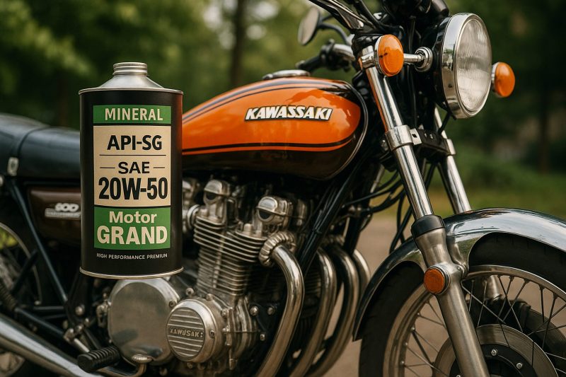 クラシックなカワサキZ1のエンジンを整備するメカニックが、琥珀色の鉱物油ボトルを手に取って点検している様子を16:9構図でリアルに撮影した画像。旧車特有の金属質感と温かみのある照明が表現されている。