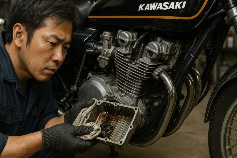 日本人整備士がカワサキZ1のドレンボルトを取り外し、サイズとねじピッチを確認している様子をリアルに表現した横長16:9構図の写真風画像。