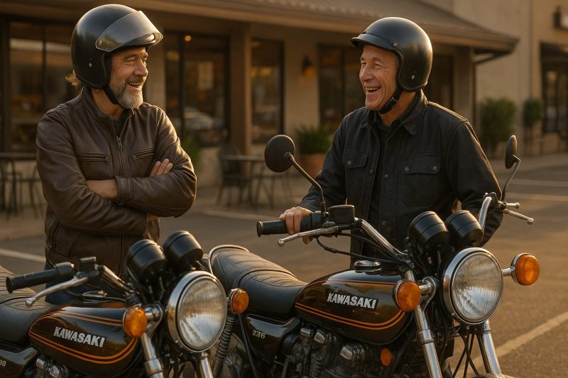 カワサキZ1を愛用するライダー2人が、ツーリング後にカフェ前で語り合う様子を16:9構図でリアルに撮影した画像。夕暮れの光がバイクと表情を温かく照らしている。