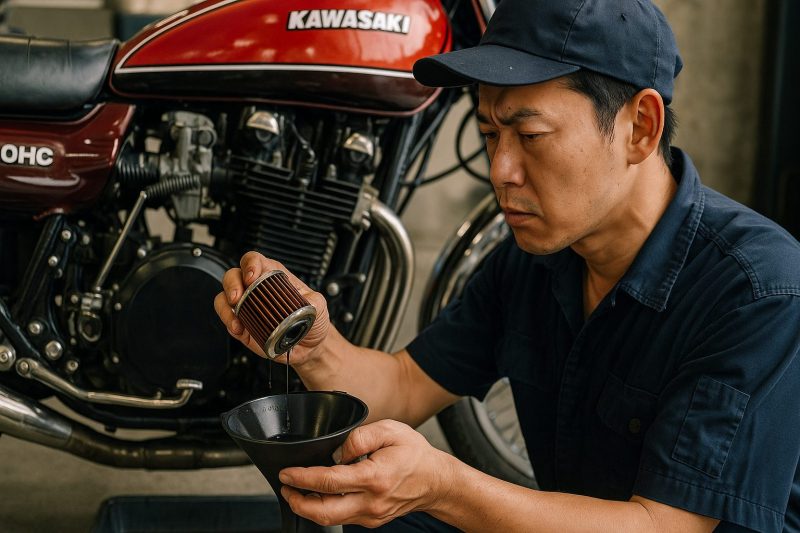 日本人整備士がカワサキZ1のオイルフィルターを外し、汚れたフィルターを丁寧に清掃している様子をリアルに表現した横長16:9構図の写真風画像。