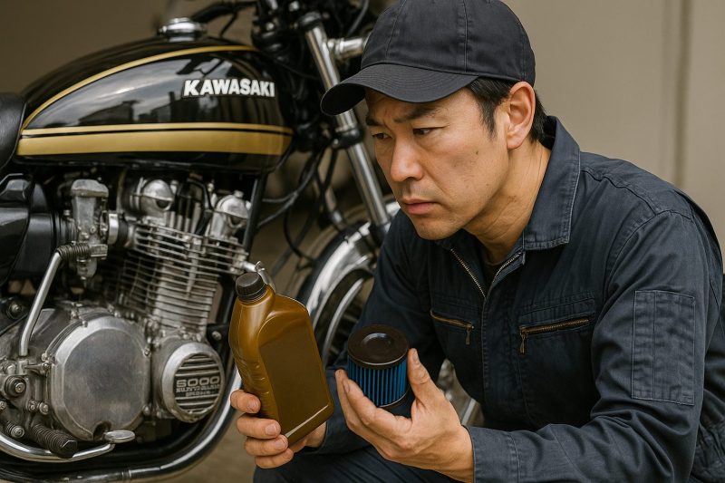 日本人整備士がカワサキZ1の前でオイルボトルとフィルターを手に取り、最適なエンジンオイルを検討している様子をリアルに表現した横長16:9構図の写真風画像。