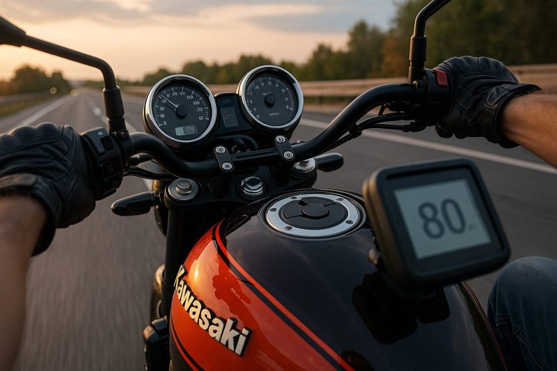 Kawasaki Z900RSのライダー視点で走行中のハンドル周りを撮影した1920×1080のフォトリアル画像。スピードメーターとGPSが80km/hを示し、穏やかな夕焼けの高速道路を走る静かな情景が描かれている。