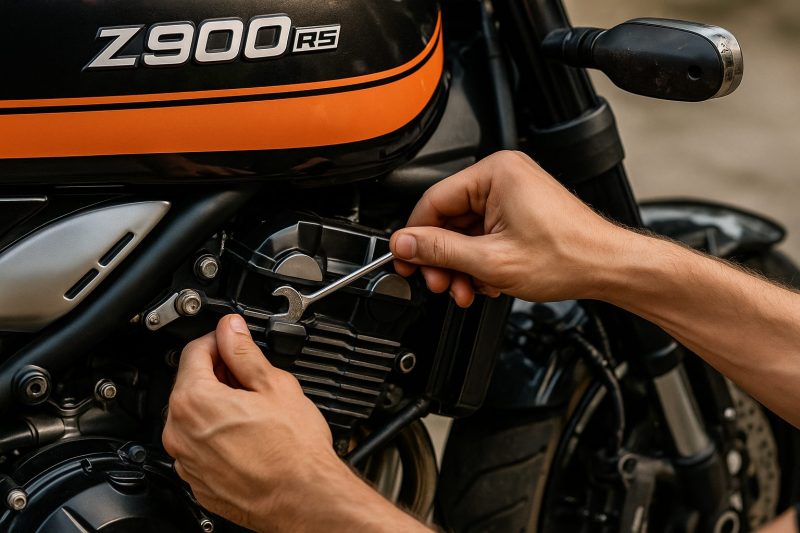 カワサキZ900RSのエンジンを整備するメカニックの手元を捉えたリアル写真風画像。ボルトやスパナが映し出され、定期的な点検と整備の重要性を象徴している。