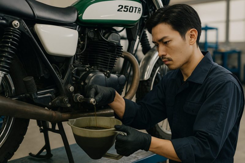 日本人整備士がカワサキ250TRのドレンボルトからオイルを排出し、料金説明の一環として作業内容を確認している様子を16:9構図でリアルに表現。