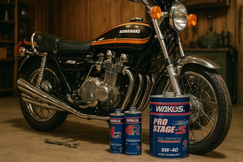 カワサキZ1のエンジン前にワコーズ・アッシュ・モチュールのオイル缶が並ぶ様子を、16:9構図でリアルに撮影した画像。ガレージの雰囲気と金属の質感を再現。
