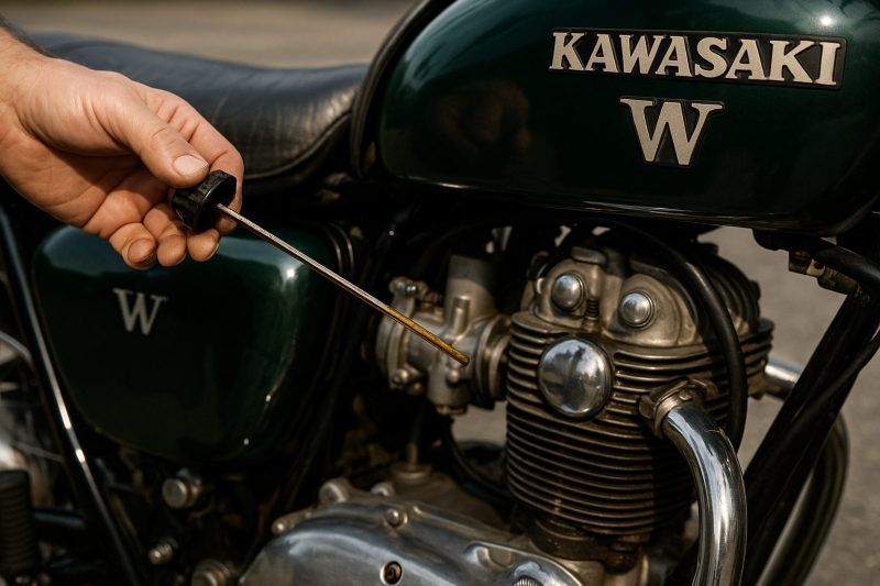 カワサキW1SAのオイルタンクキャップを整備士が外し、ディップスティックでオイル量を確認している様子をフォトリアルに描いた16:9構図の写真。金属の反射と自然光がリアルに再現されている。