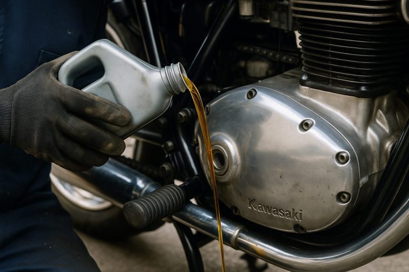 カワサキW1SAのミッションオイルを注ぐ整備士の手元を写したフォトリアルな写真。黒い作業用手袋をはめた整備士が琥珀色のオイルをエンジンケースへ注ぐ瞬間を捉え、金属の質感と反射光がリアルに表現されている。