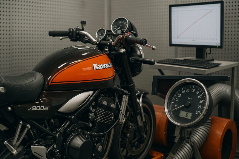 「Kawasaki Z900RSがダイナモテストベンチで加速試験を受ける様子を撮影した1920×1080のフォトリアル画像。オレンジとブラックの車体が輝き、計測モニターには出力グラフが表示されている。」