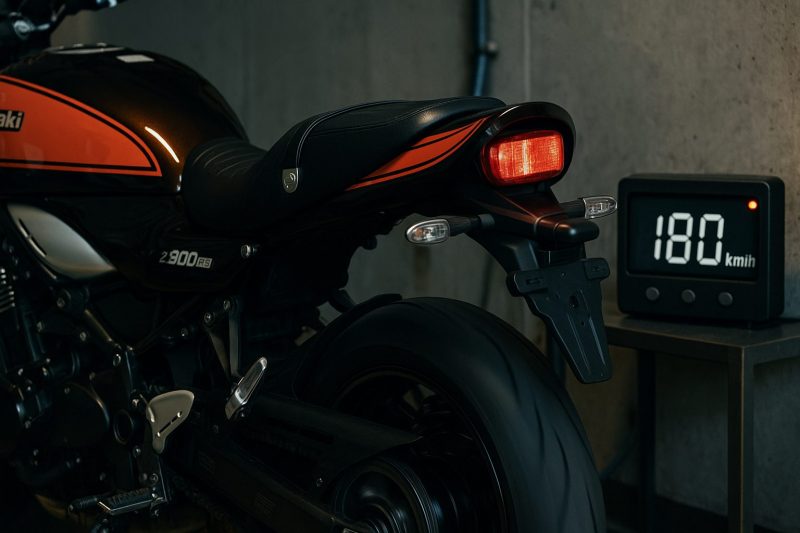Kawasaki Z900RSのリアビューを暗めのガレージで撮影した1920×1080のフォトリアル画像。隣のデジタルメーターが180km/hを表示し、速度リミッターの作動を象徴的に示している。