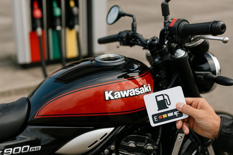カワサキZ900RSの燃料タンクをクローズアップで撮影したリアル写真風画像。ライダーが燃料計カードを手にしており、航続距離と燃料残量を象徴する構図。