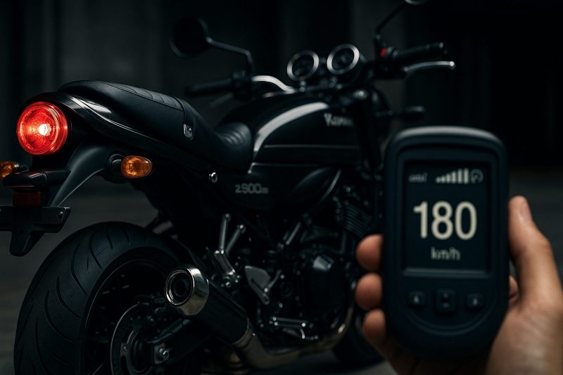 Kawasaki Z900RSのリア左側をクローズアップで捉えた1920×1080のフォトリアル画像。手前にはGPSメーターが180km/hを示し、速度リミッター作動の瞬間を象徴的に表現している。