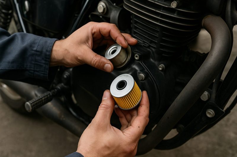 カワサキ250TRのオイルフィルターを交換する日本人整備士の手元をクローズアップした16:9構図のリアルな写真。丁寧な整備作業の瞬間を表現。
